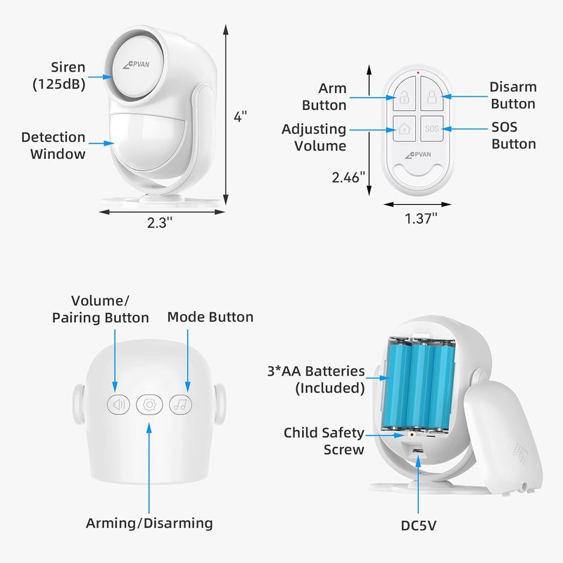 CPVAN 125dB Loud Motion Sensor Alarm with 328ft Remote Control (40ft PIR Detector, Batteries), Indoor Wireless Infrared Security Motion Detector with Siren for Home Garage Van (CP2 Pro, Whtie) - Image 5